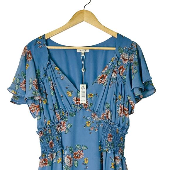 NWT Max Studio Blue Floral Short Sleeve Spring Dress L Ruffle Fit Flare Mid Tea - Picture 3 of 6